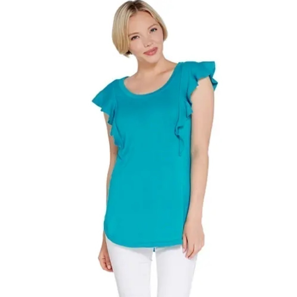 Isaac Mizrahi Live! Women's Sweater Flutter Sleeve Pullover, Riviera Teal Medium